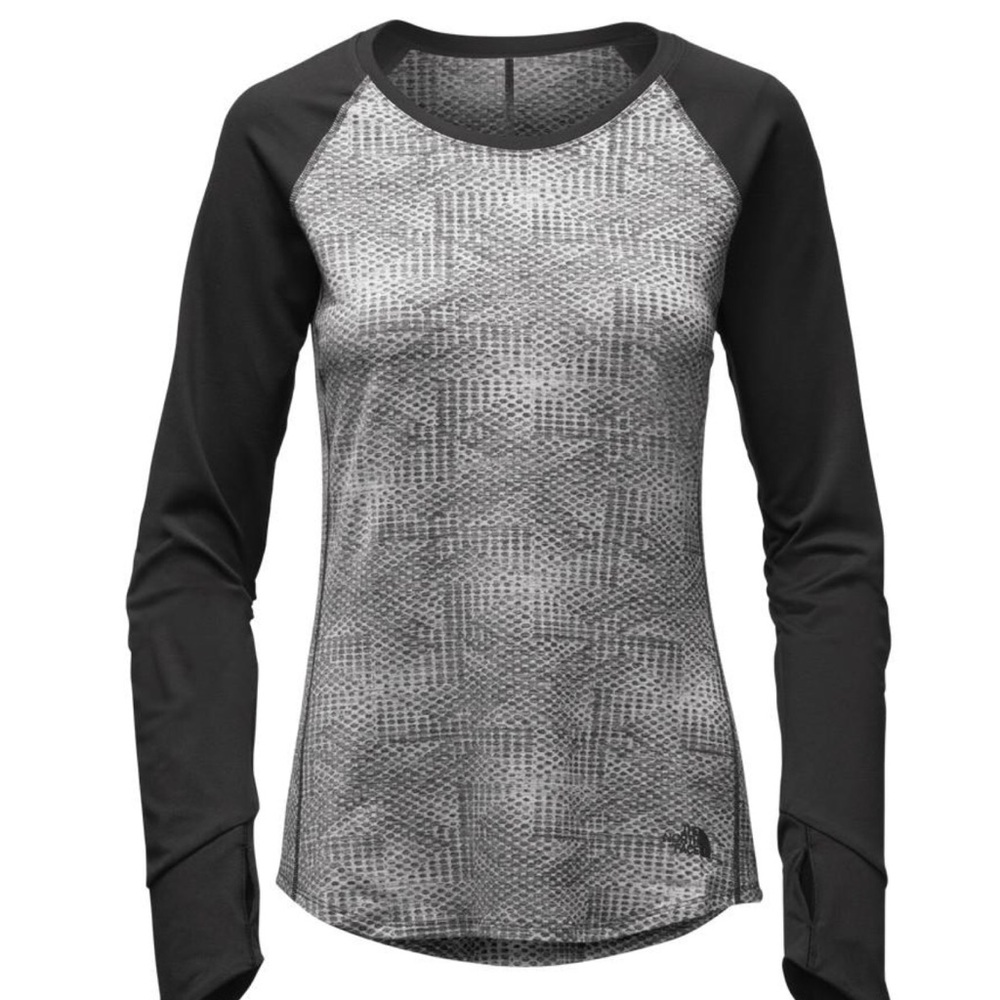 The North Face women LG flash dry top Gray w/BK sleeve Light weight. Great cond.
